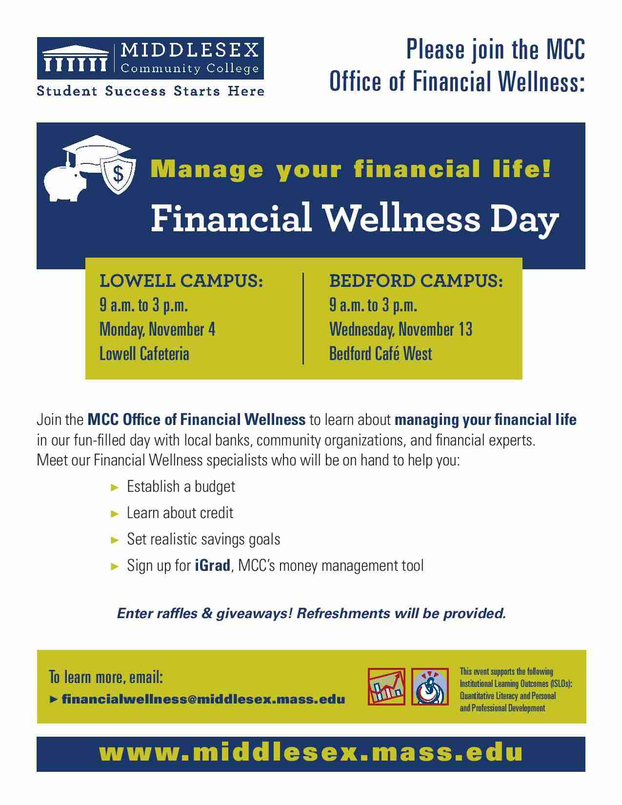 Financial Wellness Day Flier inviting students to join us in a fun-filled day with local banks and community organizations, in which students also had the opportunity to check their financial health and sign up for iGrad and Touchnet.