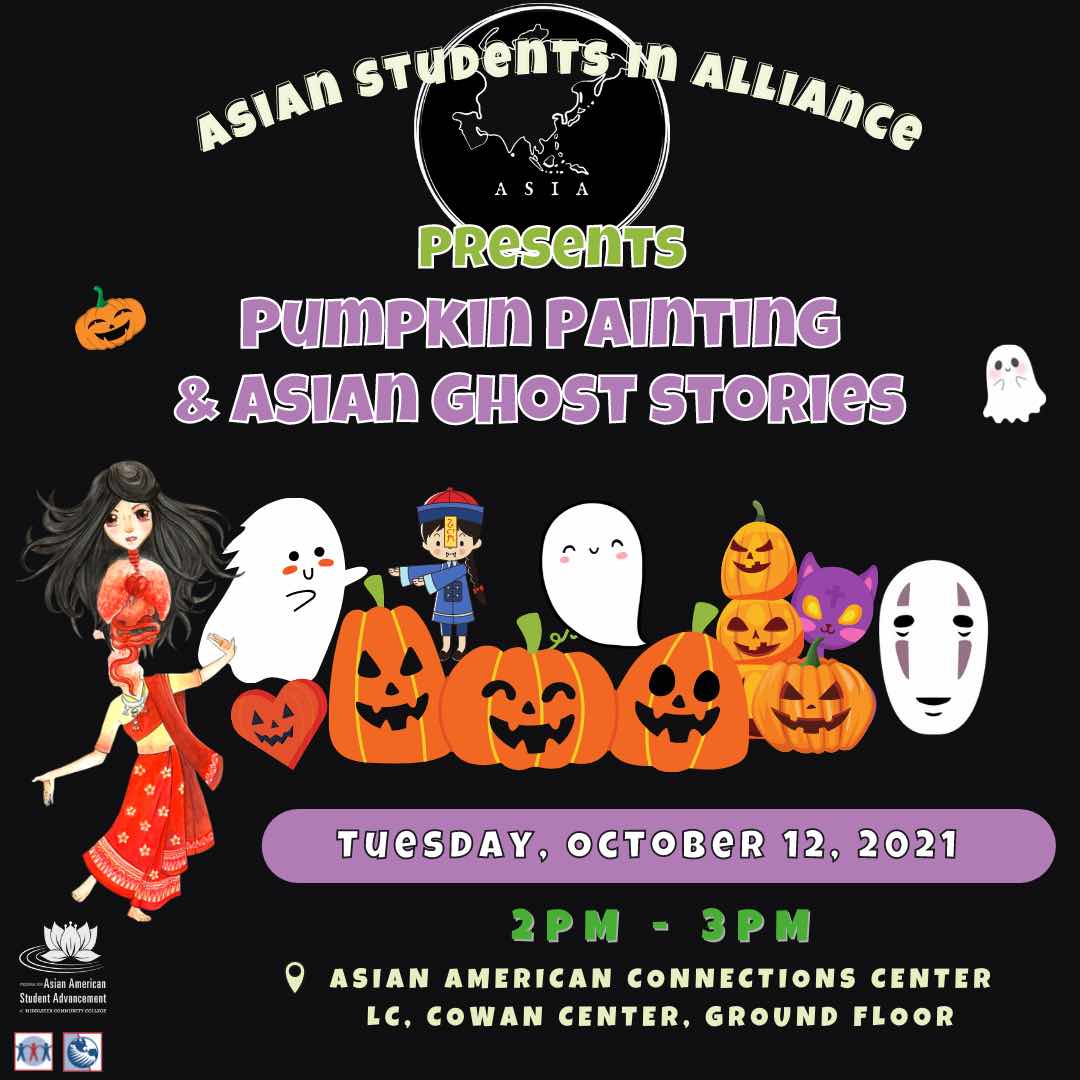 event flyer with images of ghosts, pumpkins, asian ghosts