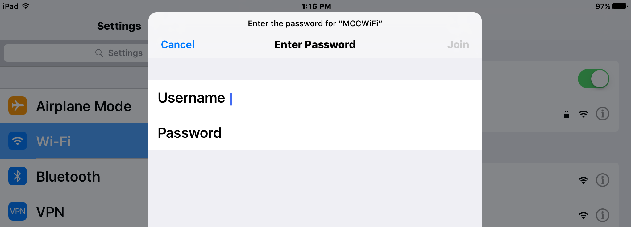 MCC WiFi secure login screen.