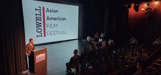 speaker for Lowell Asian American Film Festival on stage
