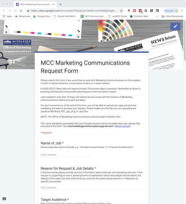 Marketing Communications Request Form