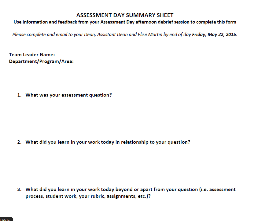 Assessment Day Summary Sheet